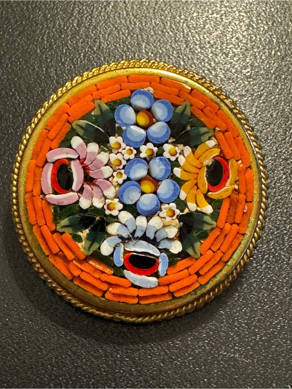 Vintage Italy Micro Mosaic Floral Brooch Glass Tesserae Pin